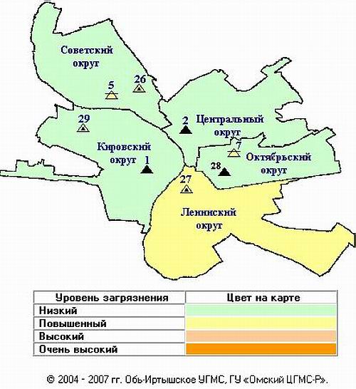 Характеристика загрязнения по округам города Омска в марте 2008 г.