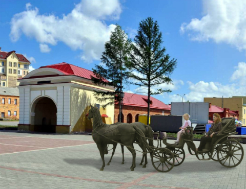 Эскиз повозки с лошадьми на территории Омской крепости 